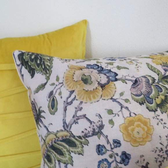 Pretty Yellow Blue Green Jacobean Flowers Linen Look Pillow Cushion Cover 45cm - Picture 4 of 4